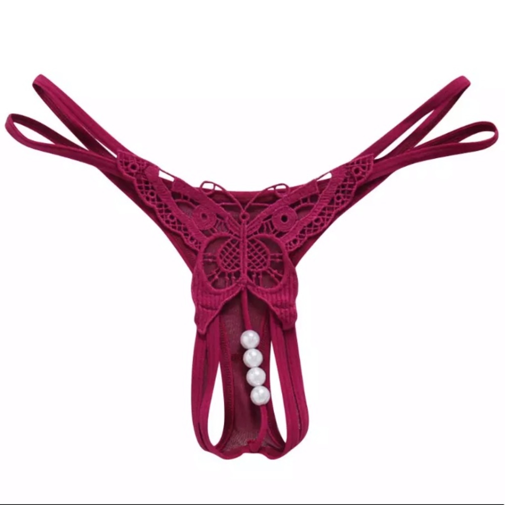 New Medium Wine Red Faux Pearl Thong Panties - Picture 2 of 2